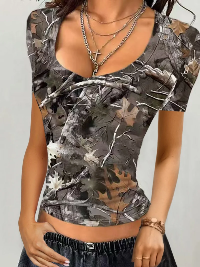 Damen Camouflage T-Shirt mit modischem V-Ausschnitt Nord Taschen