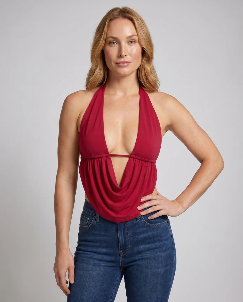 Damen Hingucker Haltertop mit verführerischem V-Ausschnitt und raffiniertem Drapé