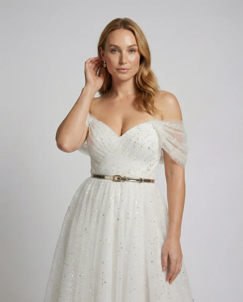 Damen A-Linien Tüllkleid Off-Shoulder Puffärmel
