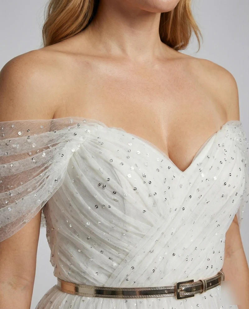 Damen A-Linien Tüllkleid Off-Shoulder Puffärmel
