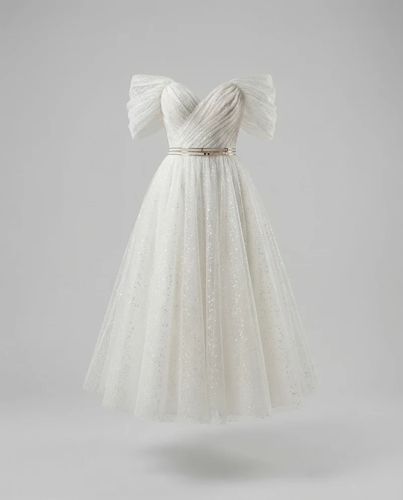 Damen A-Linien Tüllkleid Off-Shoulder Puffärmel