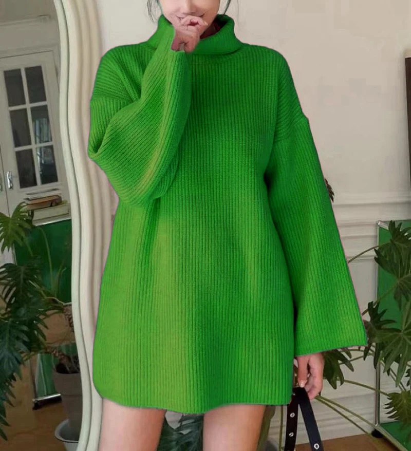 Damen Langer Strickpullover mit hohem Kragen und weit ausgestellten Ärmeln