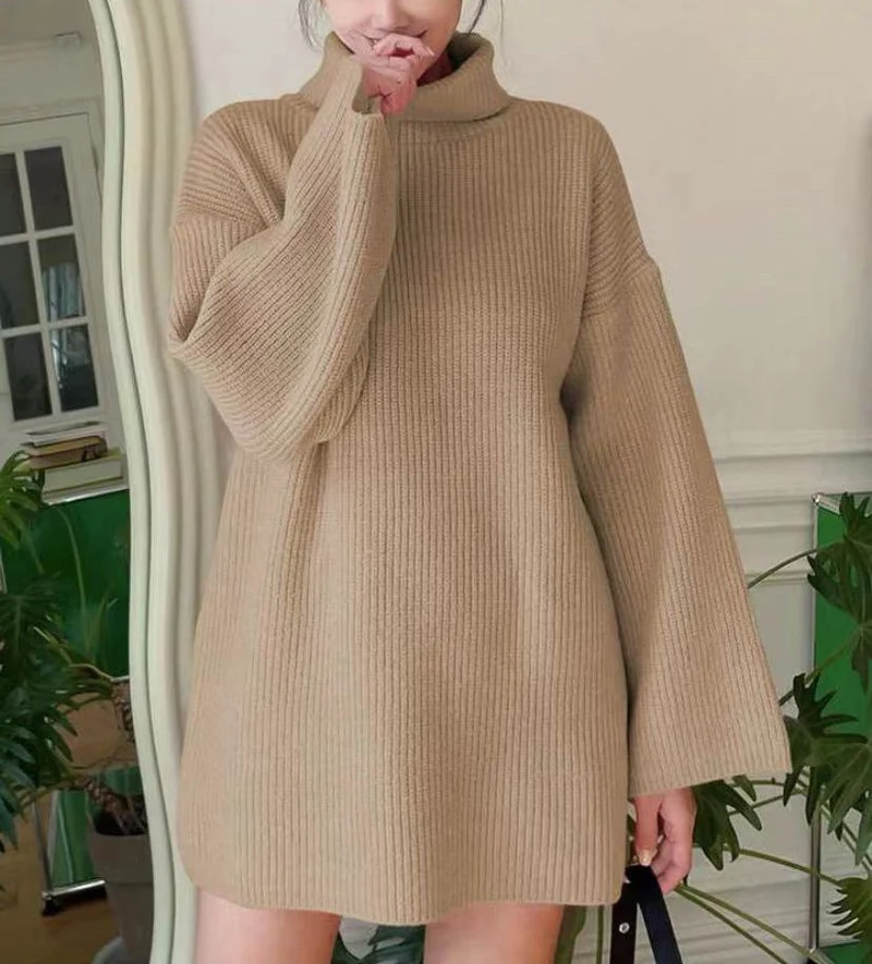 Damen Langer Strickpullover mit hohem Kragen und weit ausgestellten Ärmeln
