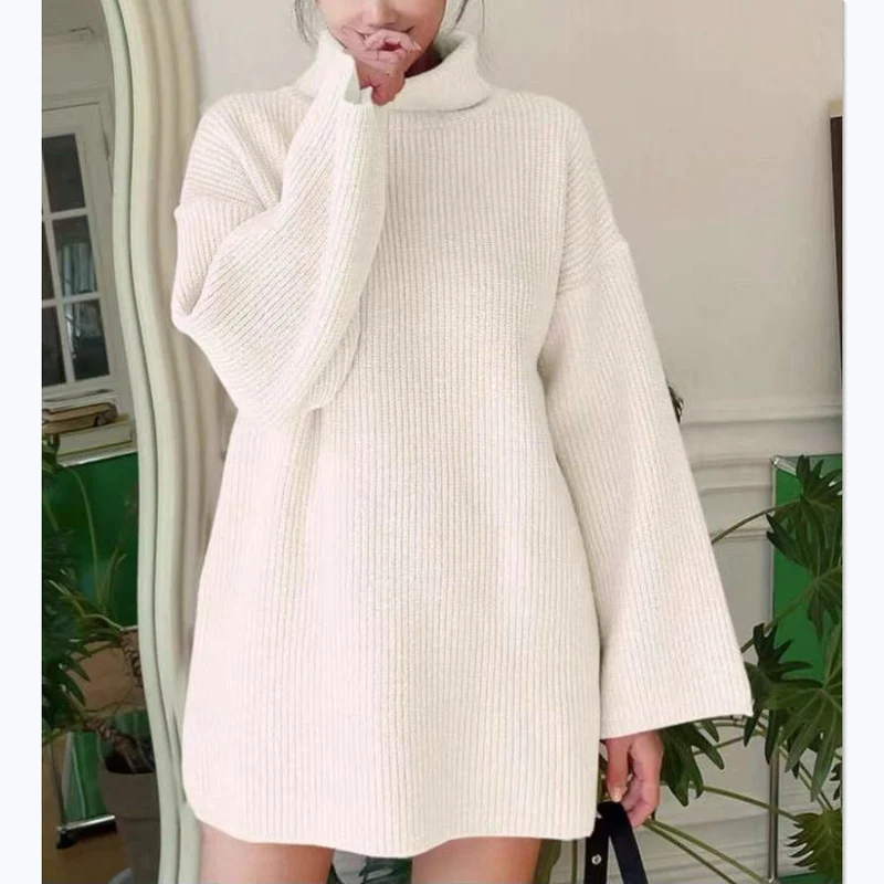 Damen Langer Strickpullover mit hohem Kragen und weit ausgestellten Ärmeln