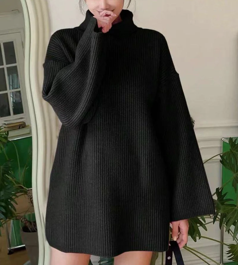 Damen Langer Strickpullover mit hohem Kragen und weit ausgestellten Ärmeln