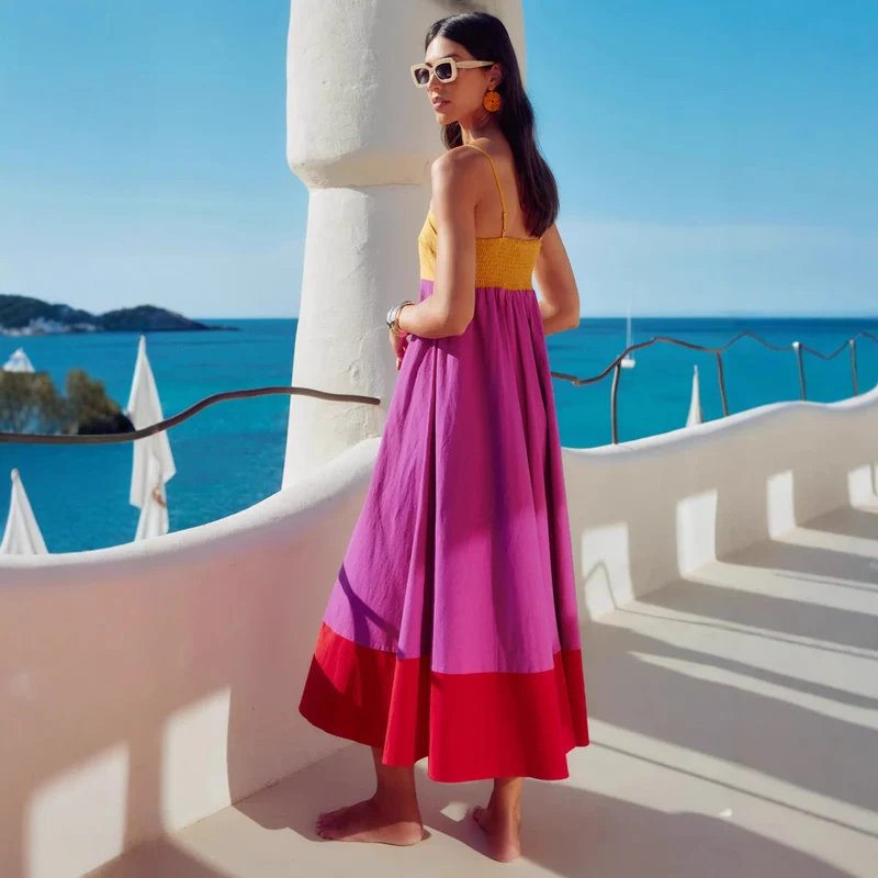 Damen Maxikleid mit farbenfrohem Blockdesign und verstellbaren Spaghettiträgern