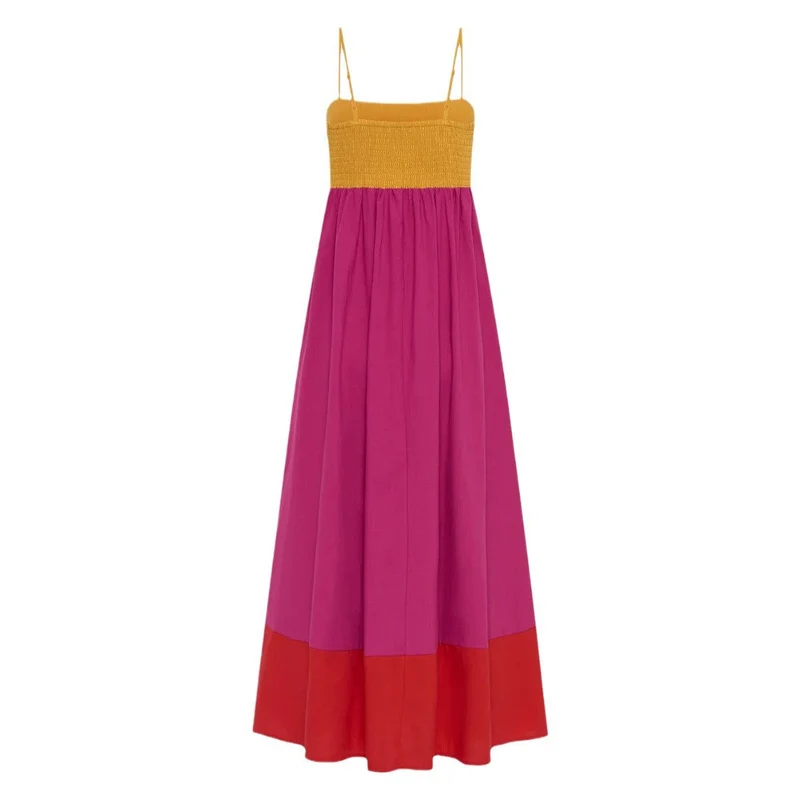 Damen Maxikleid mit farbenfrohem Blockdesign und verstellbaren Spaghettiträgern