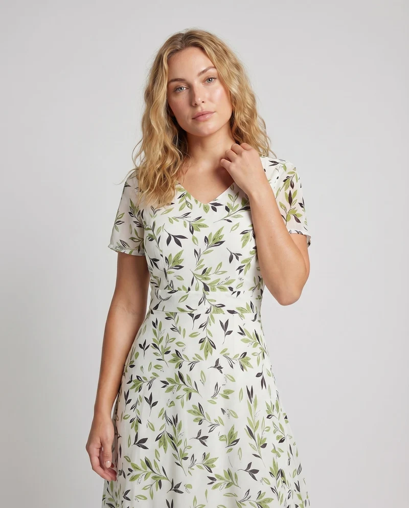 Damen V-Ausschnitt Maxikleid Blattmuster A-Linie Tailliert