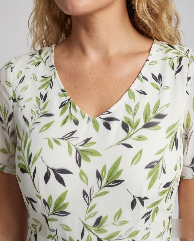 Damen V-Ausschnitt Maxikleid Blattmuster A-Linie Tailliert