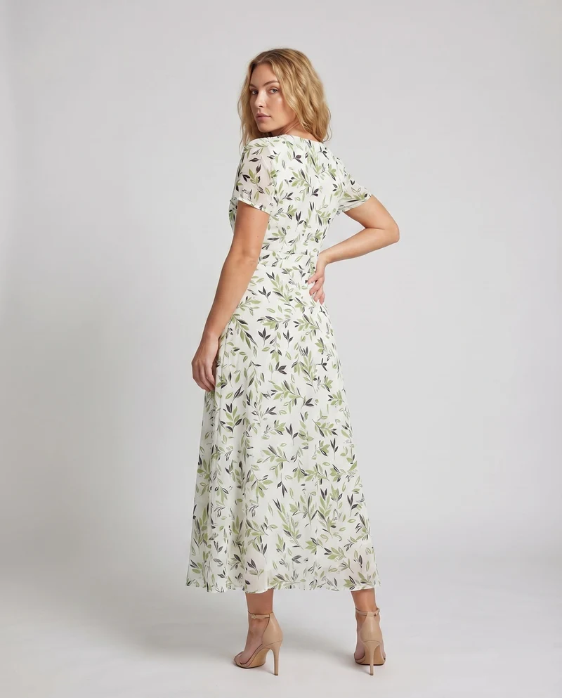 Damen V-Ausschnitt Maxikleid Blattmuster A-Linie Tailliert