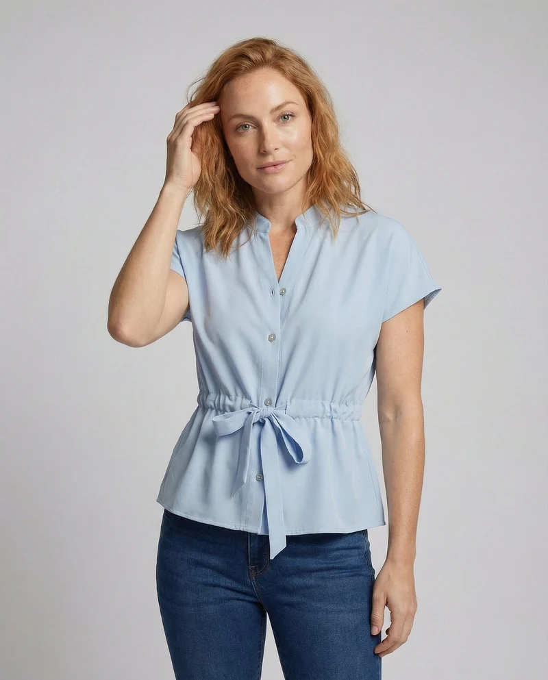Damen Taillenbluse mit Stehkragen und Gürtel