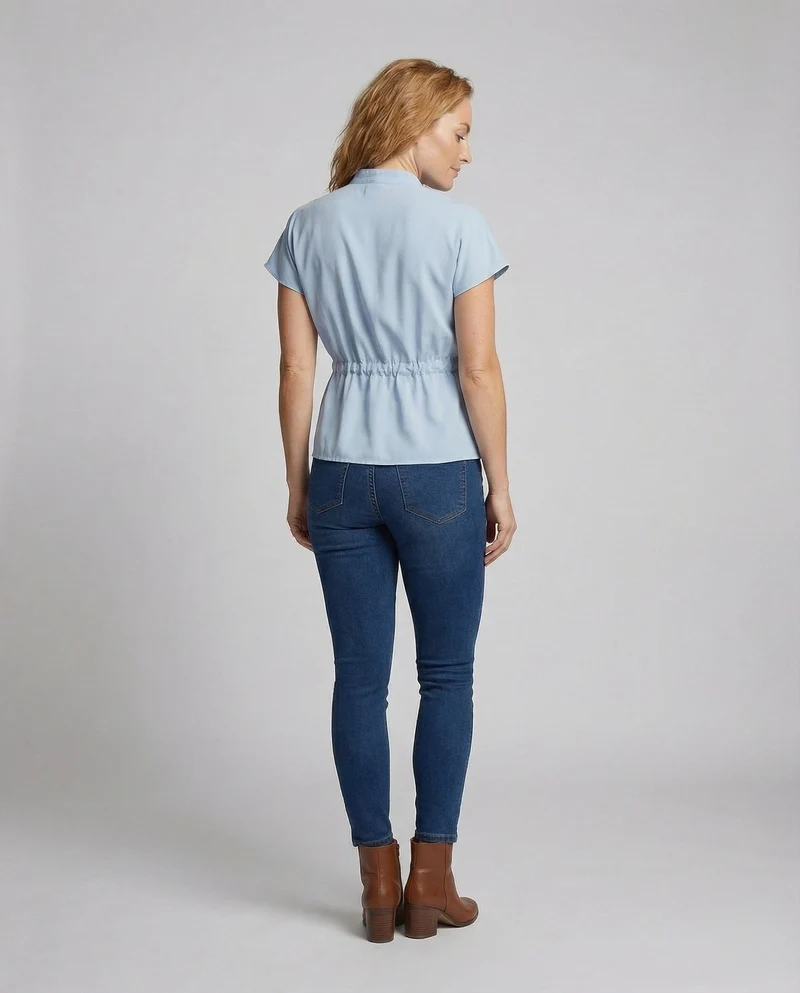 Damen Taillenbluse mit Stehkragen und Gürtel