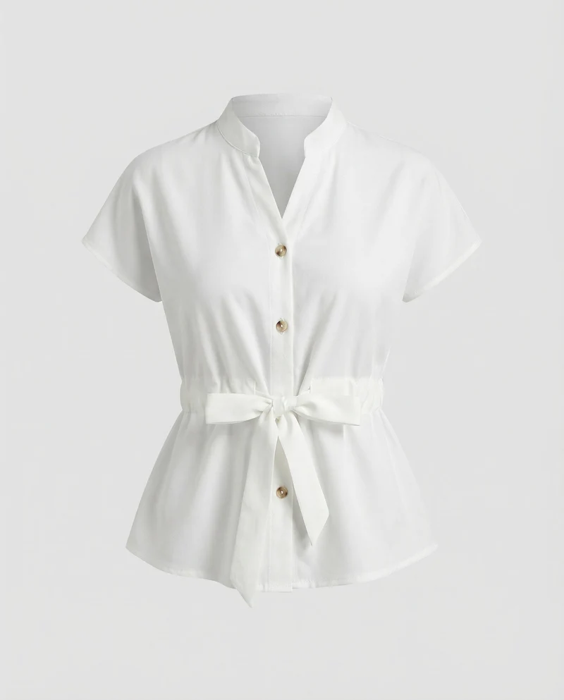 Damen Taillenbluse mit Stehkragen und Gürtel