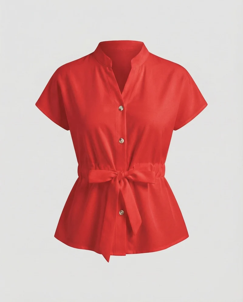 Damen Taillenbluse mit Stehkragen und Gürtel