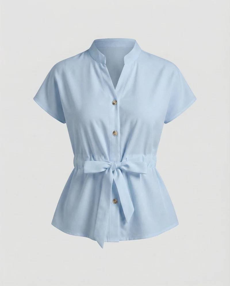Damen Taillenbluse mit Stehkragen und Gürtel