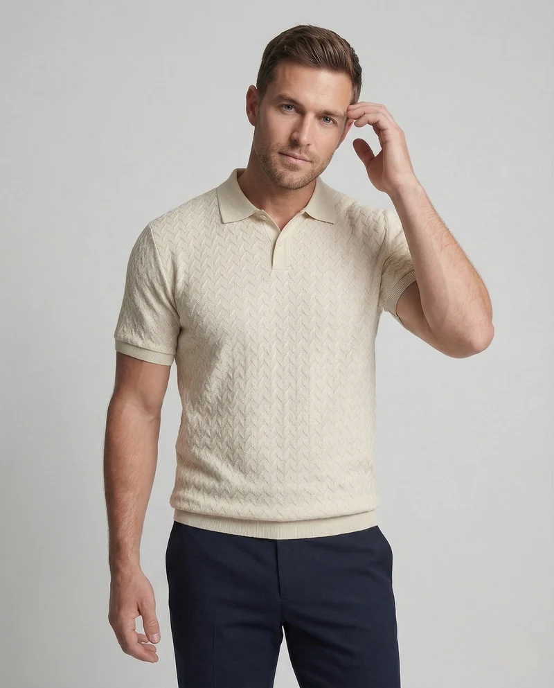 Herren Feinstrick Poloshirt mit V-Muster