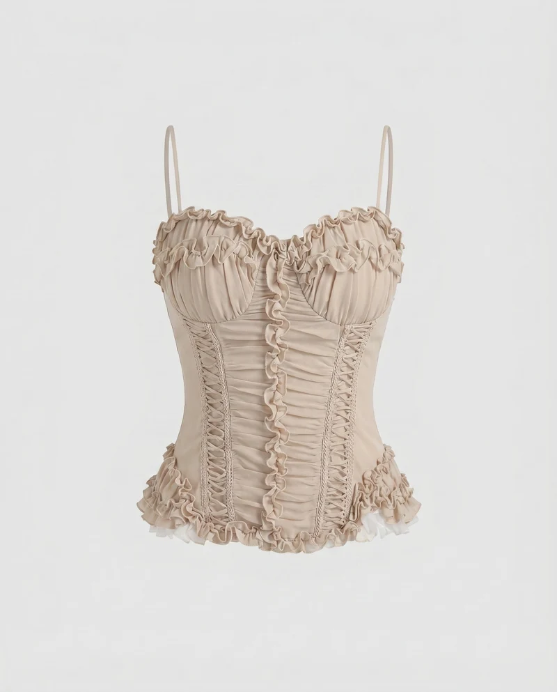 Damen nan Korsett-Bustier im Vintage-Stil mit Rüschenbesatz, Ziernähten und Schnürdetail