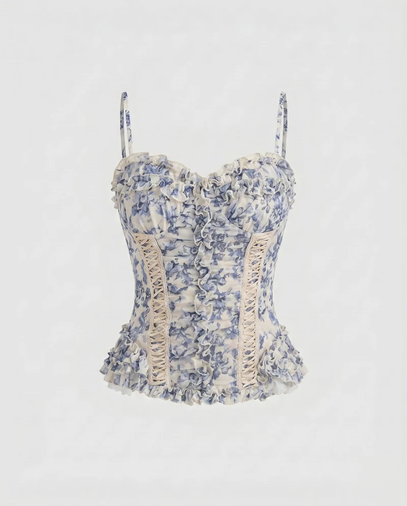 Damen nan Korsett-Bustier im Vintage-Stil mit Rüschenbesatz, Ziernähten und Schnürdetail