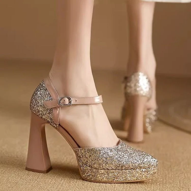 Damen Glitzernde Plateau-Pumps mit elegantem Riemchen