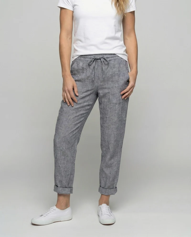 Damen nan lässige Leinenmix-Hose mit Tunnelzug, seitlichen Eingrifftaschen und umgeschlagenem Saum