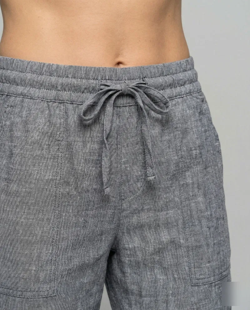 Damen nan lässige Leinenmix-Hose mit Tunnelzug, seitlichen Eingrifftaschen und umgeschlagenem Saum