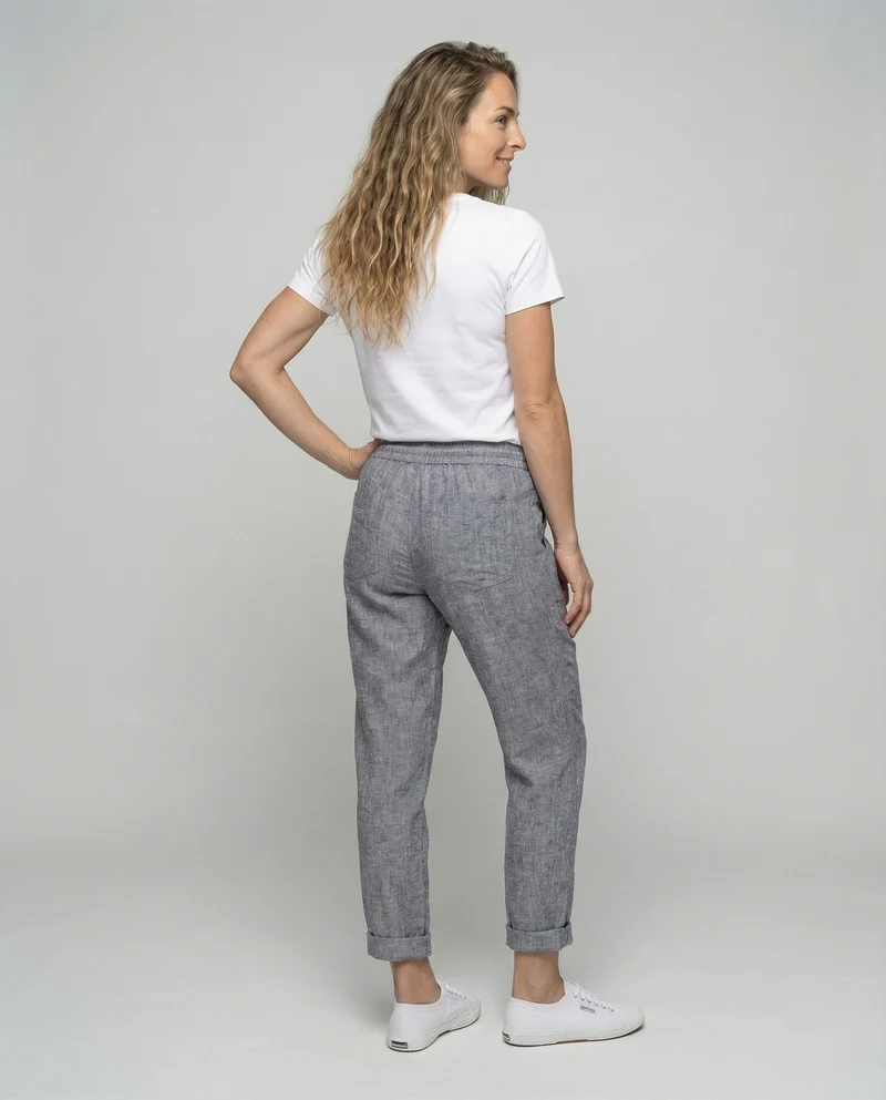 Damen nan lässige Leinenmix-Hose mit Tunnelzug, seitlichen Eingrifftaschen und umgeschlagenem Saum