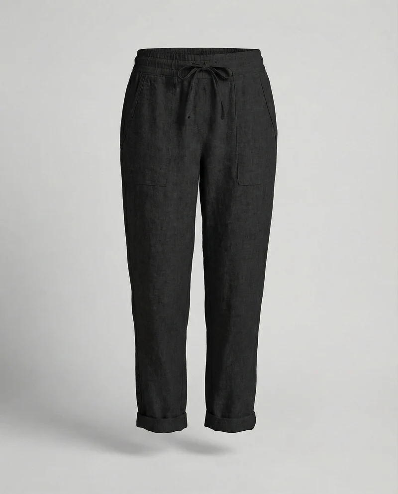 Damen nan lässige Leinenmix-Hose mit Tunnelzug, seitlichen Eingrifftaschen und umgeschlagenem Saum
