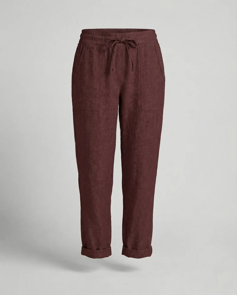 Damen nan lässige Leinenmix-Hose mit Tunnelzug, seitlichen Eingrifftaschen und umgeschlagenem Saum