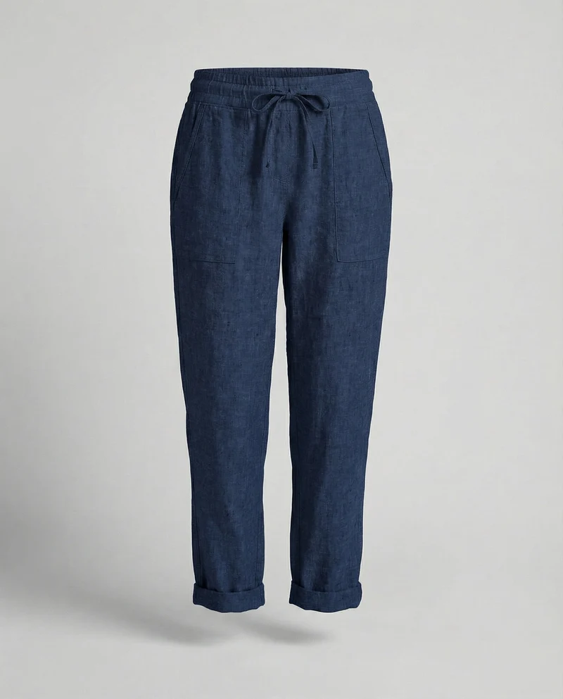Damen nan lässige Leinenmix-Hose mit Tunnelzug, seitlichen Eingrifftaschen und umgeschlagenem Saum