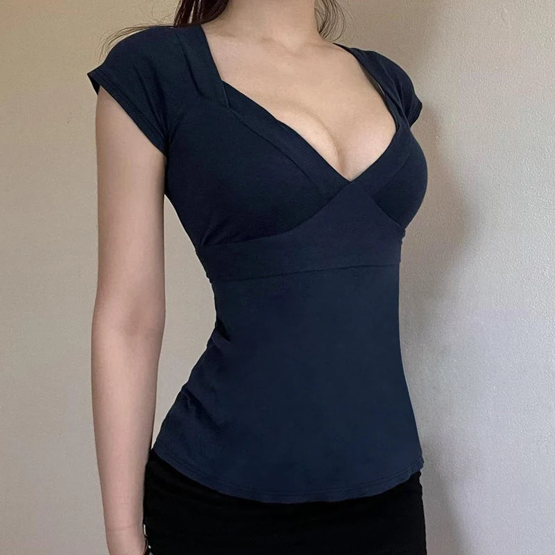 Damen Figurbetontes Kurzarmshirt mit V-Ausschnitt