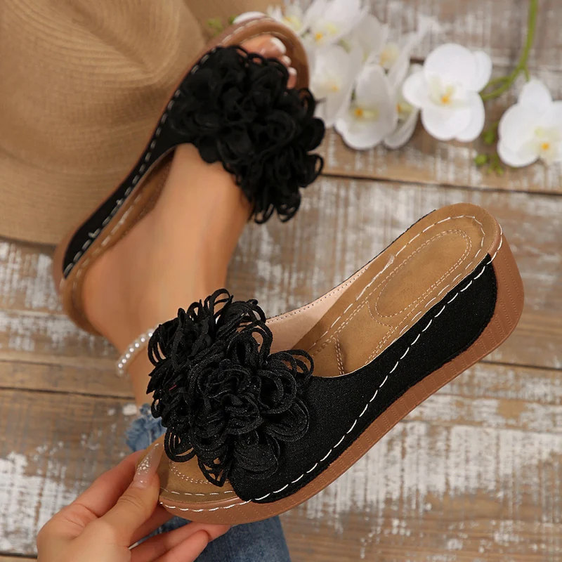 Damen Wedge-Pantolette mit floralen Applikationen