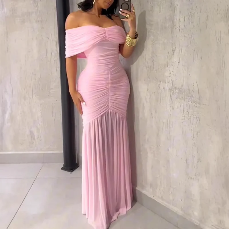 Damen Off-Shoulder Maxikleid mit elegantem Raffungseffekt
