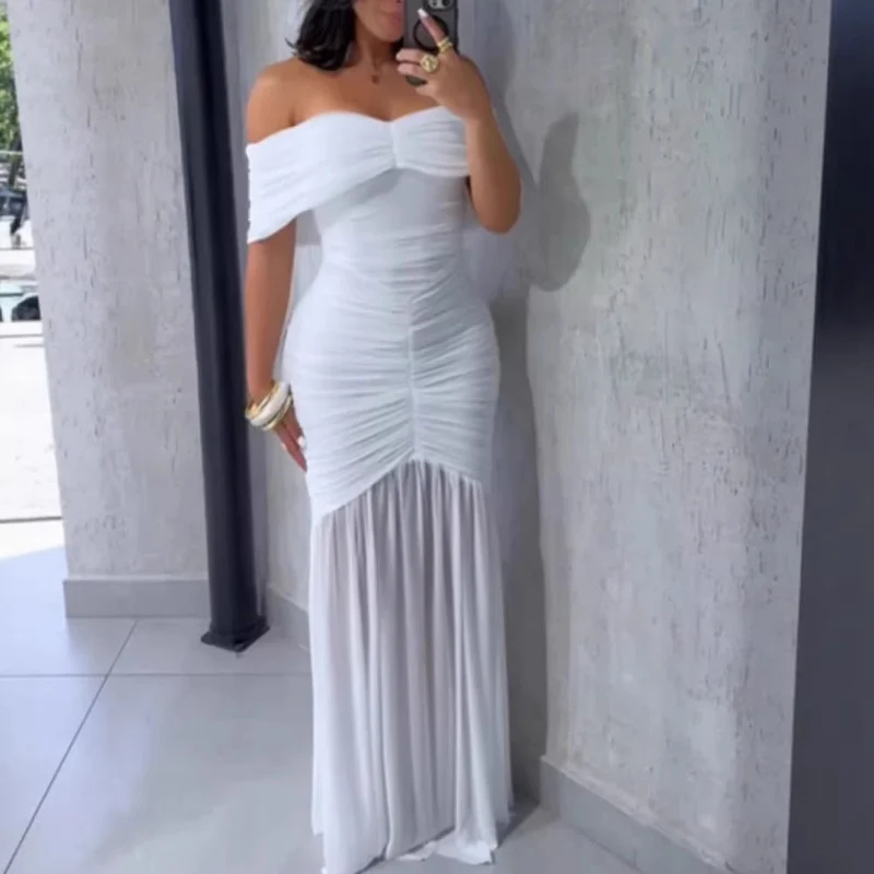 Damen Off-Shoulder Maxikleid mit elegantem Raffungseffekt