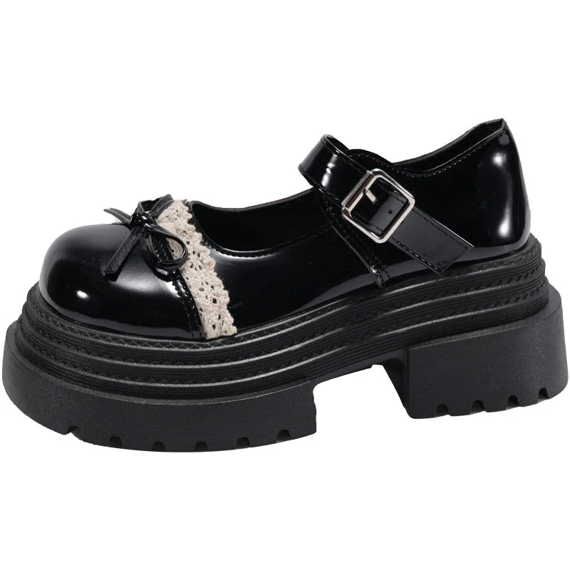 Damen Schnalle-Mary Jane Schuhe mit dekorativem Spitzenbesatz und komfortabler Plateau-Sohle