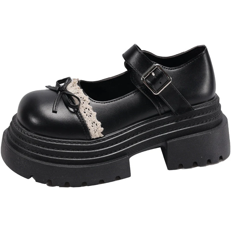 Damen Schnalle-Mary Jane Schuhe mit dekorativem Spitzenbesatz und komfortabler Plateau-Sohle