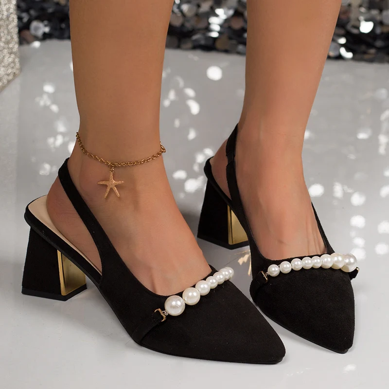 Damen Slingback-Pumps mit elegantem Perlenbesatz und stabiler Absatzhöhe