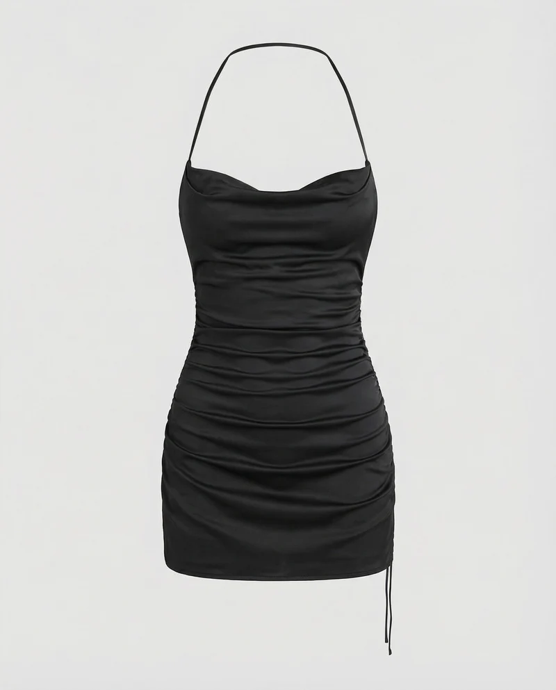 Damen nan figurbetontes Satin-Minikleid mit Spaghettiträgern und Wasserfall-Ausschnitt Nord Taschen