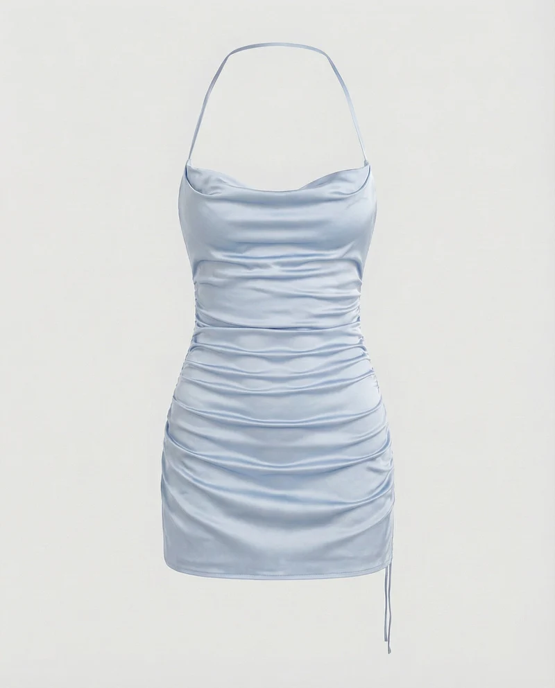 Damen nan figurbetontes Satin-Minikleid mit Spaghettiträgern und Wasserfall-Ausschnitt Nord Taschen