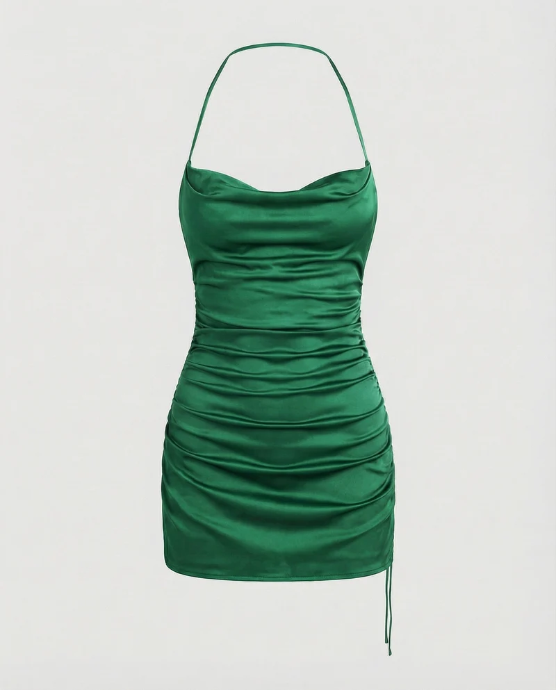 Damen nan figurbetontes Satin-Minikleid mit Spaghettiträgern und Wasserfall-Ausschnitt Nord Taschen