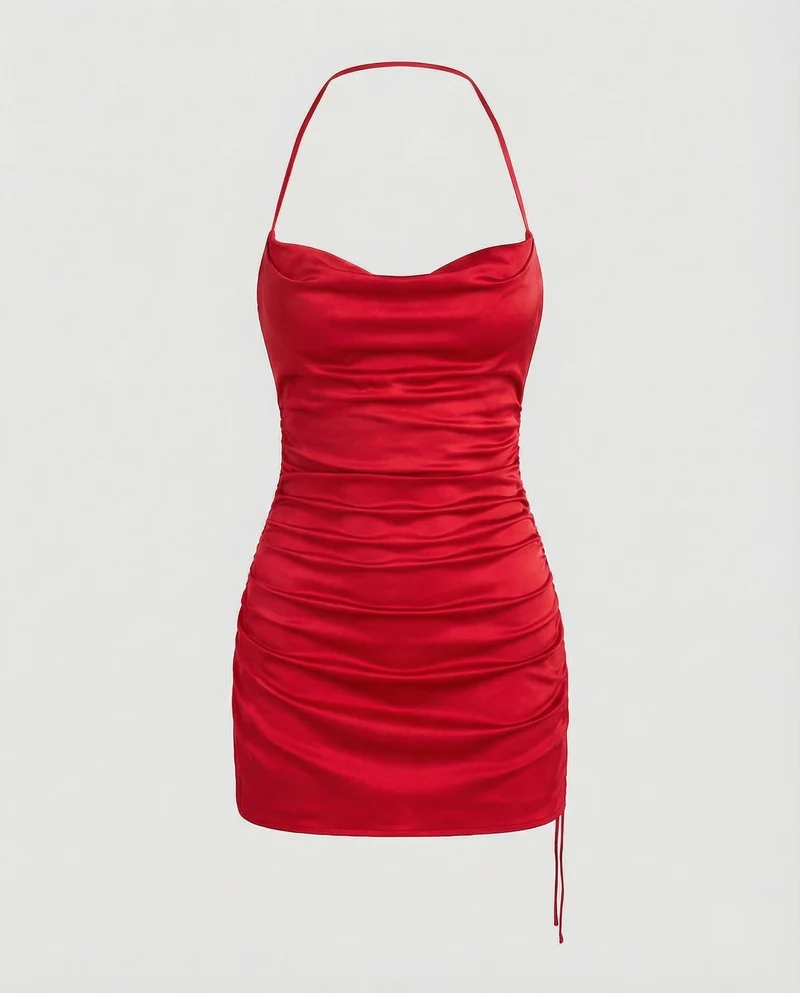 Damen nan figurbetontes Satin-Minikleid mit Spaghettiträgern und Wasserfall-Ausschnitt Nord Taschen