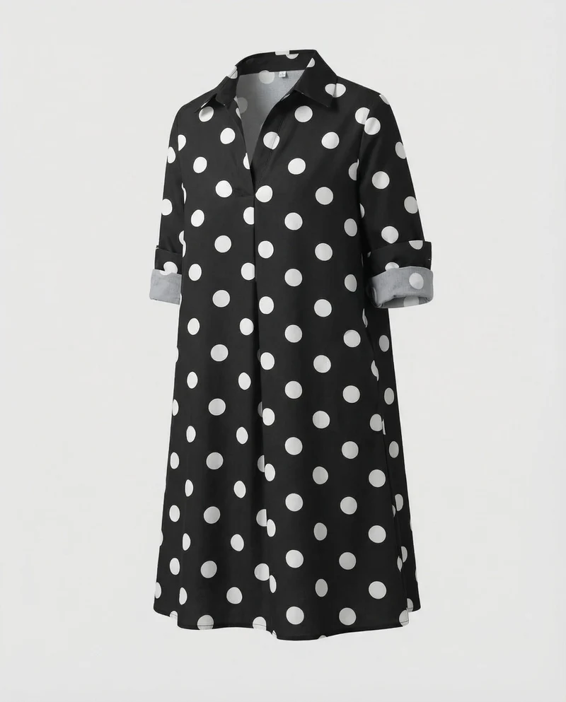 Weite Pünktchenmuster MischgewNord Taschene Hemdblusenkleid