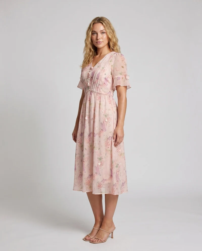 Damen Maxikleid mit zarten Rüschen und floralem Motiven