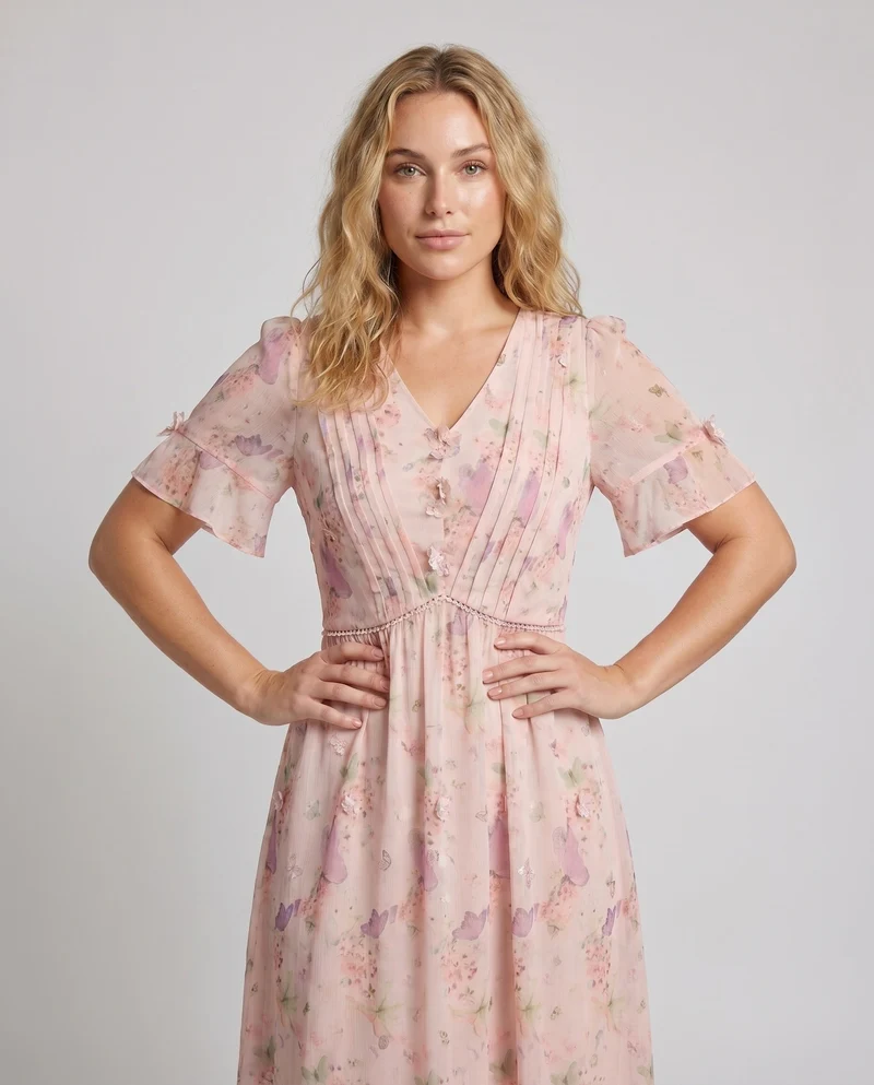 Damen Maxikleid mit zarten Rüschen und floralem Motiven