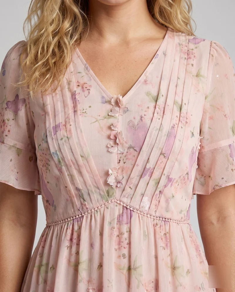 Damen Maxikleid mit zarten Rüschen und floralem Motiven