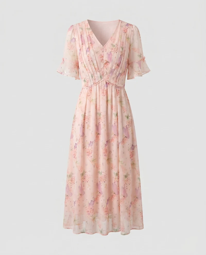 Damen Maxikleid mit zarten Rüschen und floralem Motiven