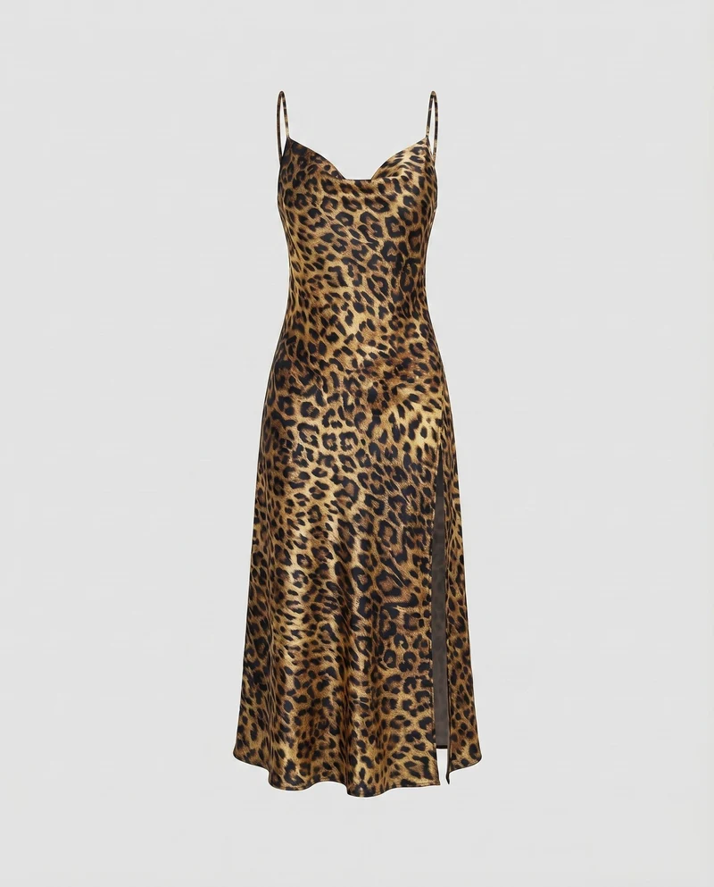 Damen Satin-Midikleid Wasserfall-Ausschnitt Beinschlitz Spaghettiträger