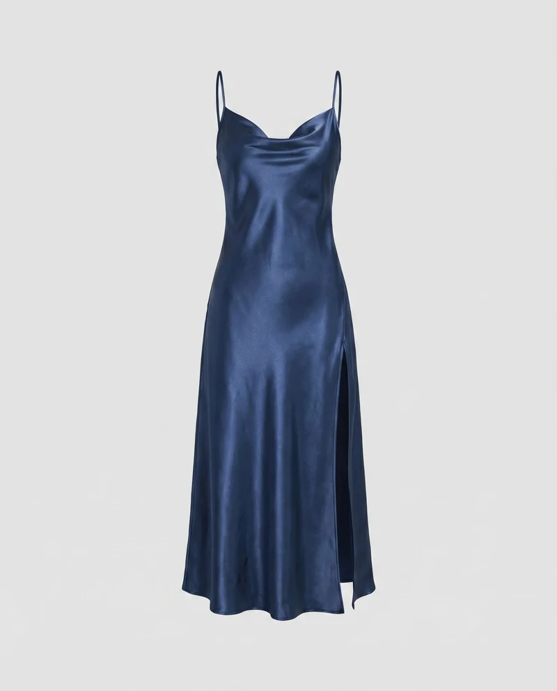 Damen Satin-Midikleid Wasserfall-Ausschnitt Beinschlitz Spaghettiträger