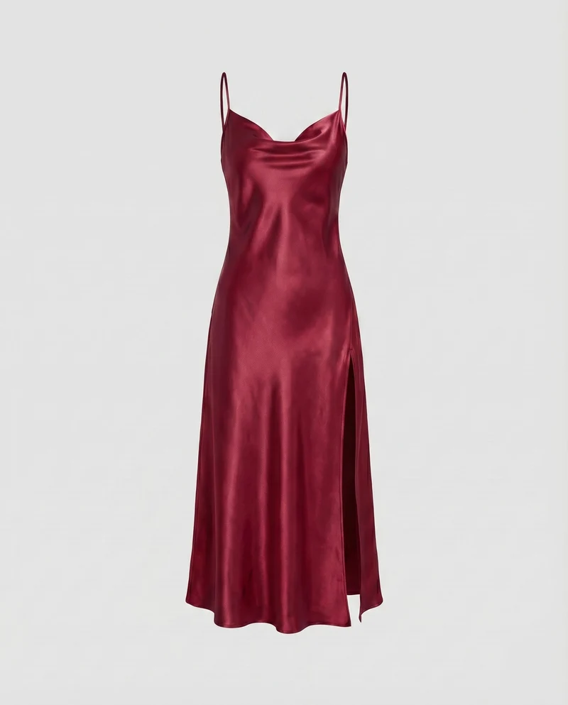 Damen Satin-Midikleid Wasserfall-Ausschnitt Beinschlitz Spaghettiträger