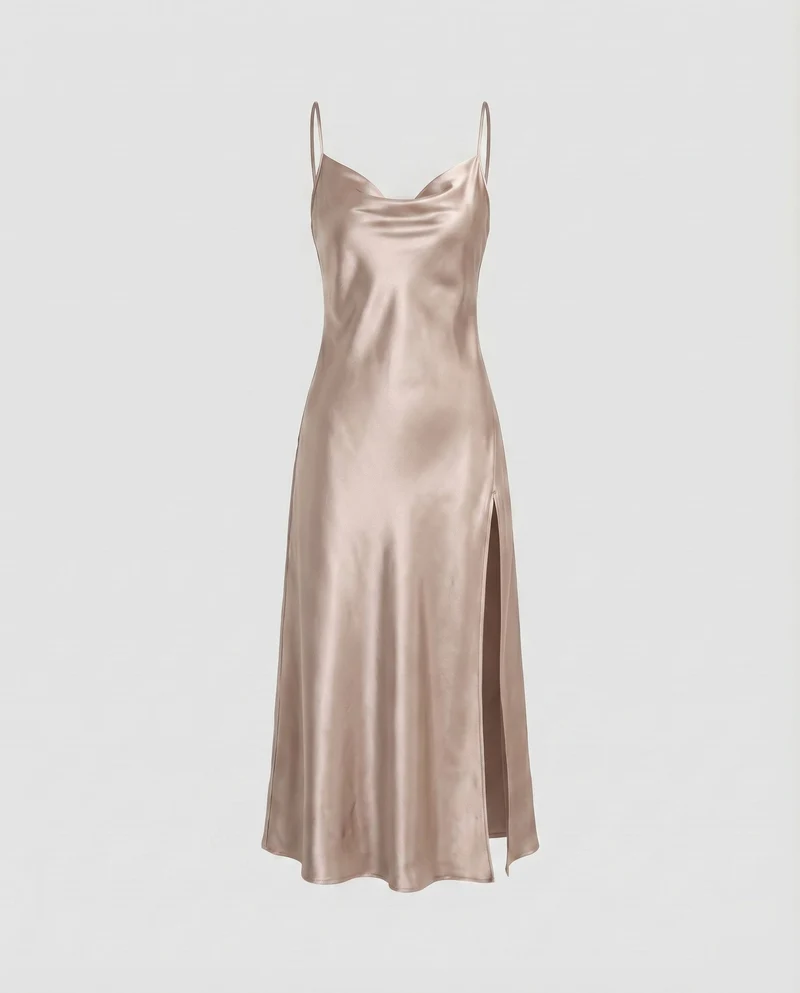 Damen Satin-Midikleid Wasserfall-Ausschnitt Beinschlitz Spaghettiträger