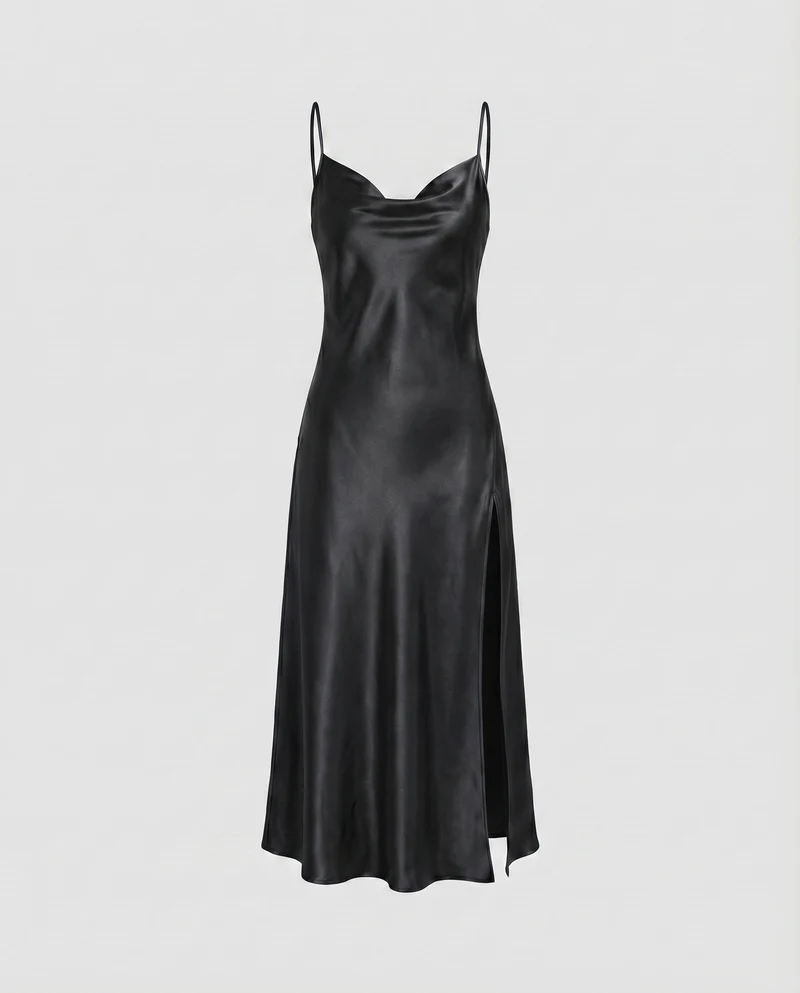 Damen Satin-Midikleid Wasserfall-Ausschnitt Beinschlitz Spaghettiträger